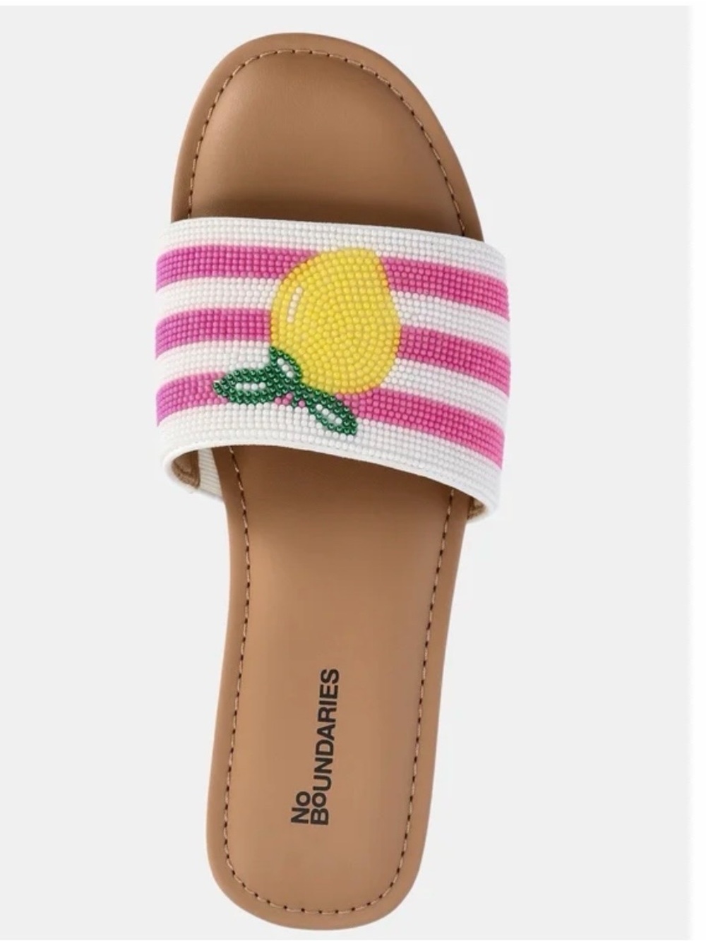 No Boundaries Pink and White Striped Slide Sandals with Yellow Lemon Bead